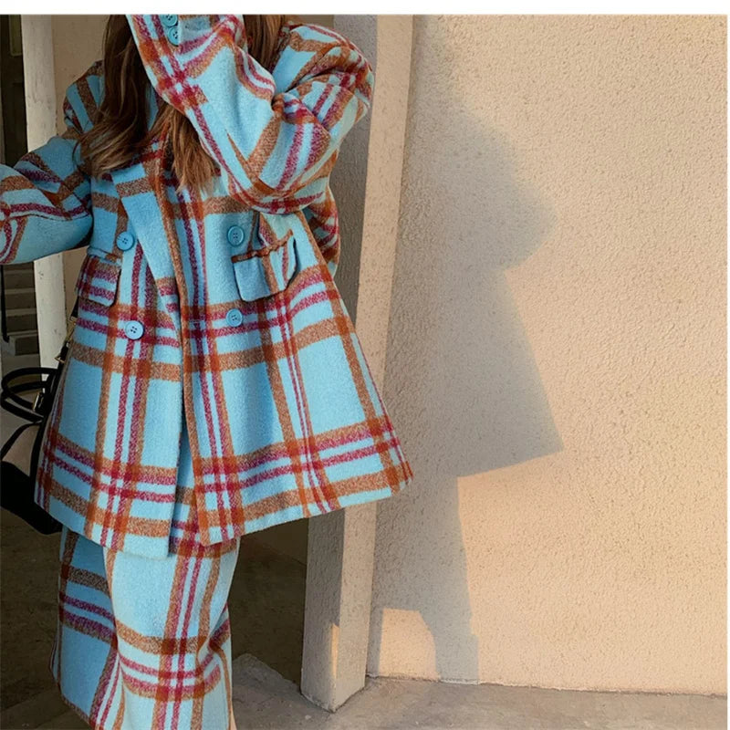 Checkered Suit Jacket for Women's Autumn/Winter 2024 Hong Kong Style Retro Small Fragrant Half Skirt Two-piece Set Trendy Trendy