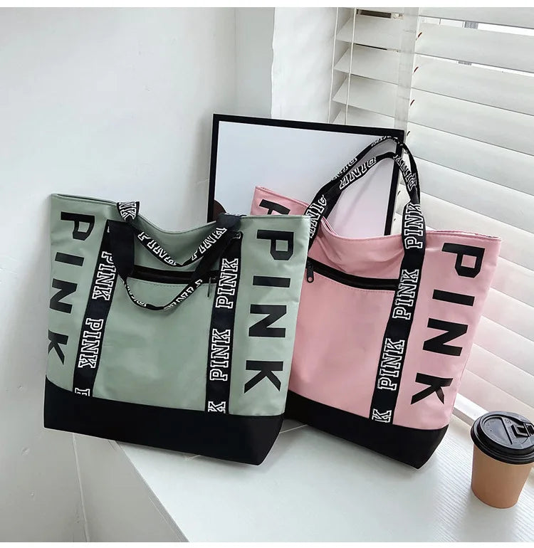 Sports Fitness Tote Bag Nylon Fabric Bags Women Handbag Pink Letter Graphic Tote Handbags Woman Shoulder Bags Casual