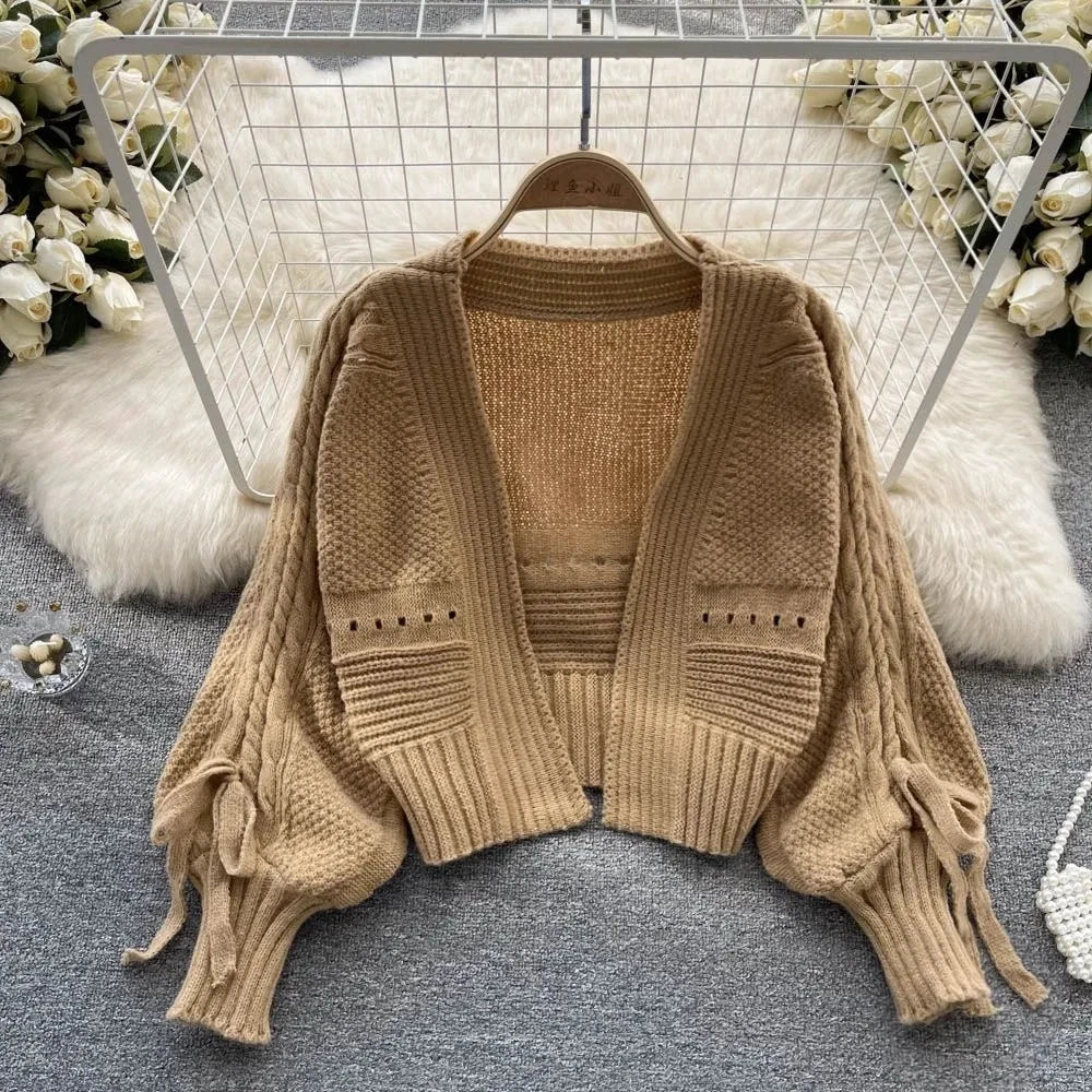 Green Casual Acrylic Knit V-Neck Lantern Long Sleeve Lace Up Women's Cardigan Sweater Short Cardigan For Women Clothing 2024