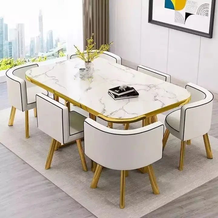 New 2024 Modern Marble Top White Classic Dining Table Living Room With 6 Chairs Set