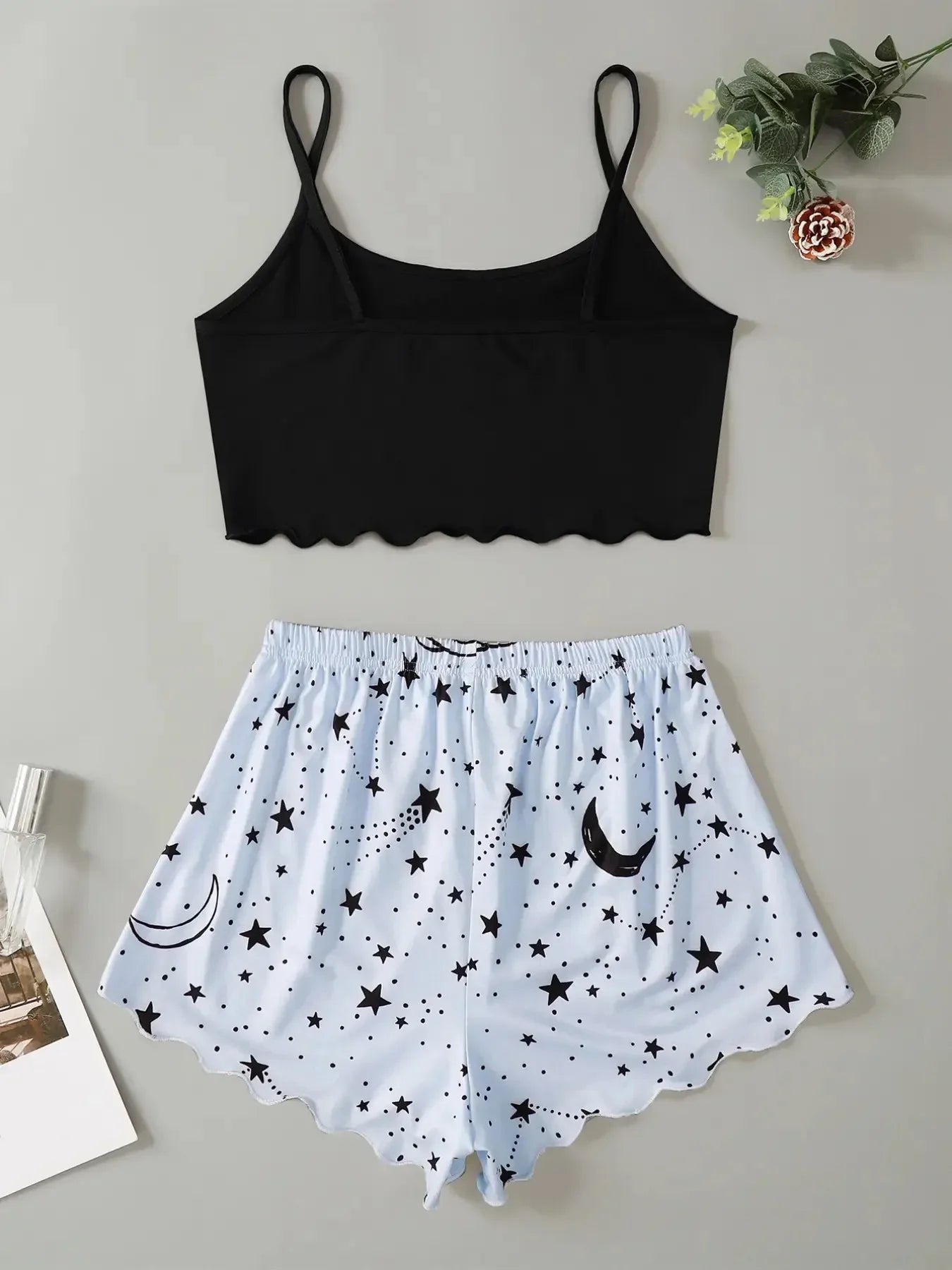 Ensemble de pyjama imprimé lettres d'été lune étoiles pour femmes, lingerie sexy sans manches, haut court avec short, ensemble de pyjama, vêtements de nuit