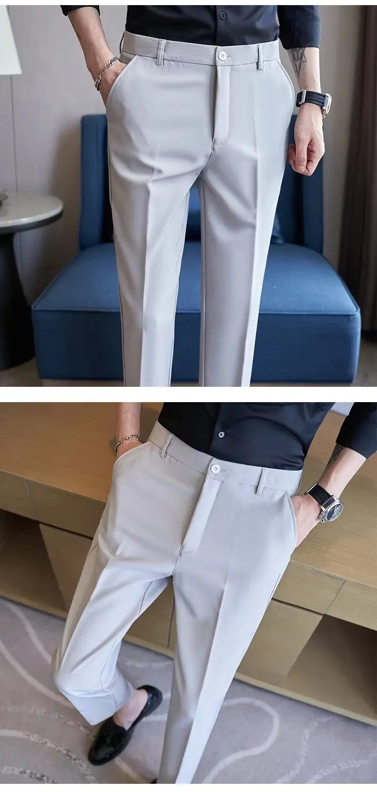 Men's Suit Pants Gray White Black Slim Business Casual Nine-point Pants Straight Plus Size Trousers Office Social Wedding