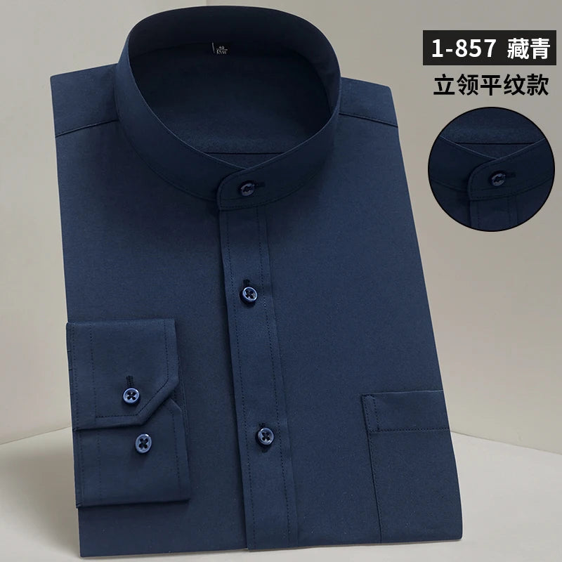 Stand Collar Shirt Men's Long Sleeve Chinese Style Tang Suit Breathable Anti-Wrinkle Easy Care Business Casual Dress Shirts