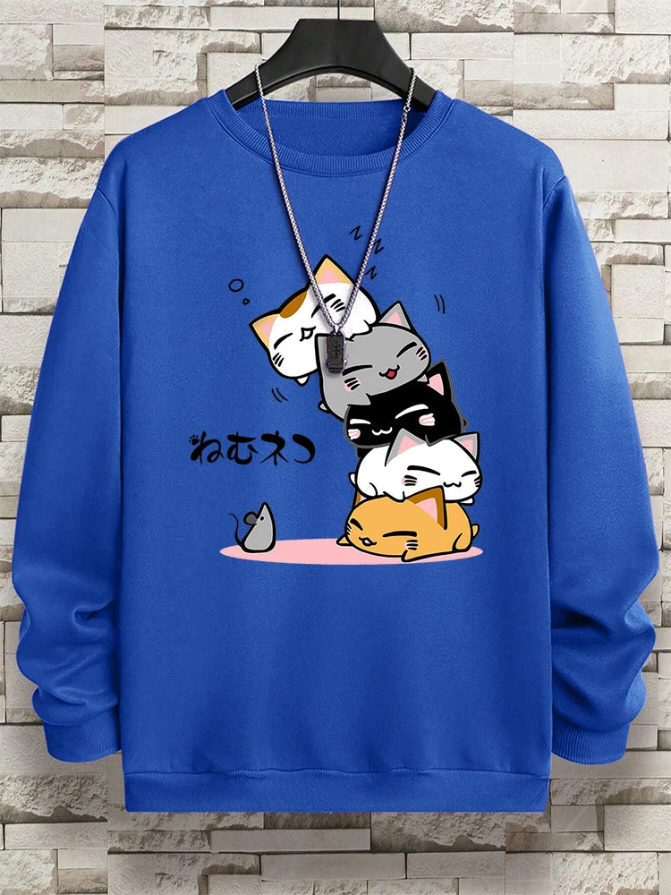 Cute Stacked Cats Sleep Clothing Man Hoody Hip Hop O-Neck Sweatshirts Vintage Casual Loose Hoodies Autumn New Loose Clothes