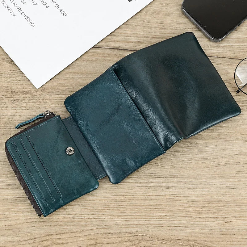 Leather Men‘s Short Wallet Hasp Genuine Leather Unisex Zipper Coin Clutch Purse Cowhide Card Holder Trifold Man wallets