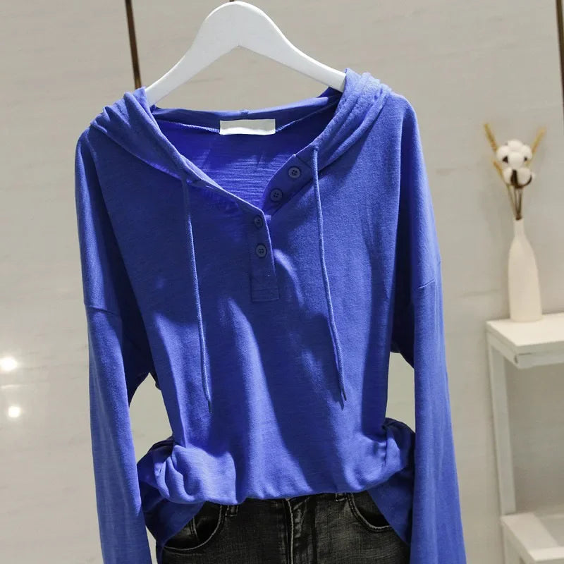 Women's Hooded Long Sleeve Cotton T-shirt 2024 Spring Autumn New Loose-fit Slimming Bamboo Node Inner Base Layer Top Trendy