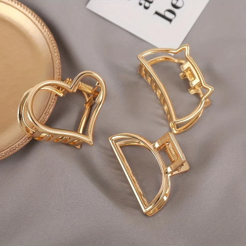 Fashion Simple Non Slip Mini Hollow Heart Metal Hair Claw Clips Gold Geometric Bangs Barrettes Hair Jaws For Women Girls Daily