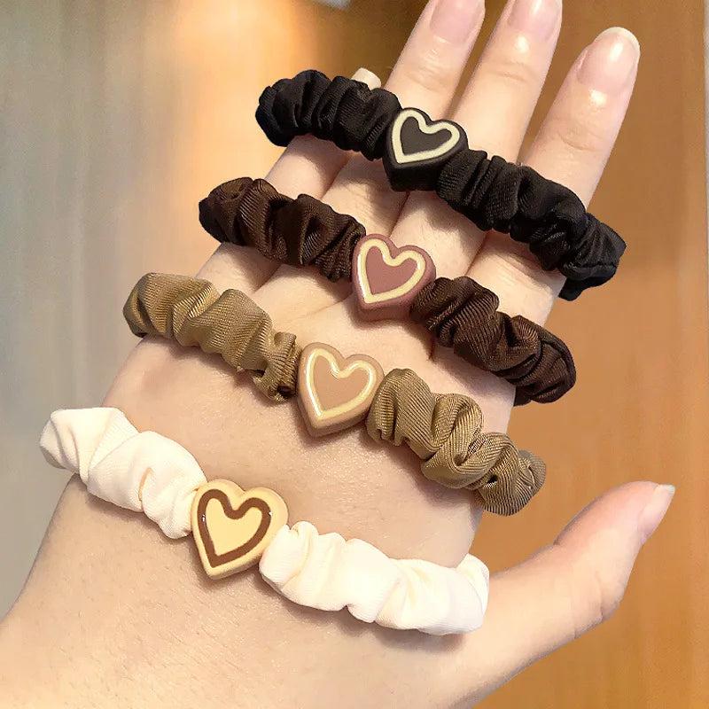 5Pcs Korean Heart Shaped Hair Ties Simple Elastic Soft Cotton Ponytail Holder Rubber Bands Scrunchie for Girls Hair Accessories