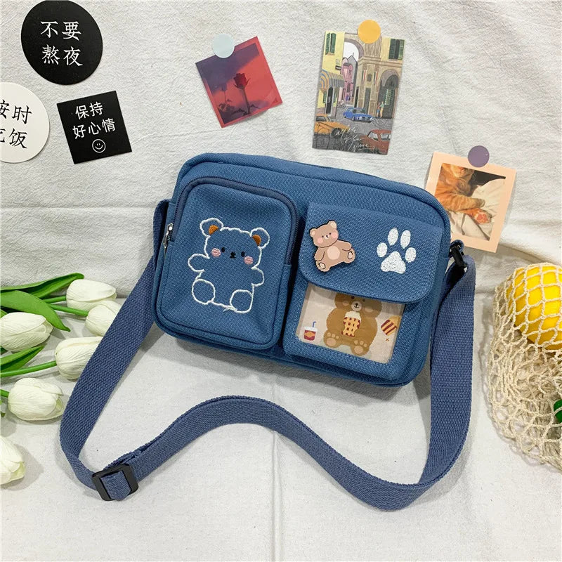 Canvas Small Bag Japanese ins Women Shoulder Bag Cute Funny Personality Embroidery Bear Girl Student Transparent Messenger Bag