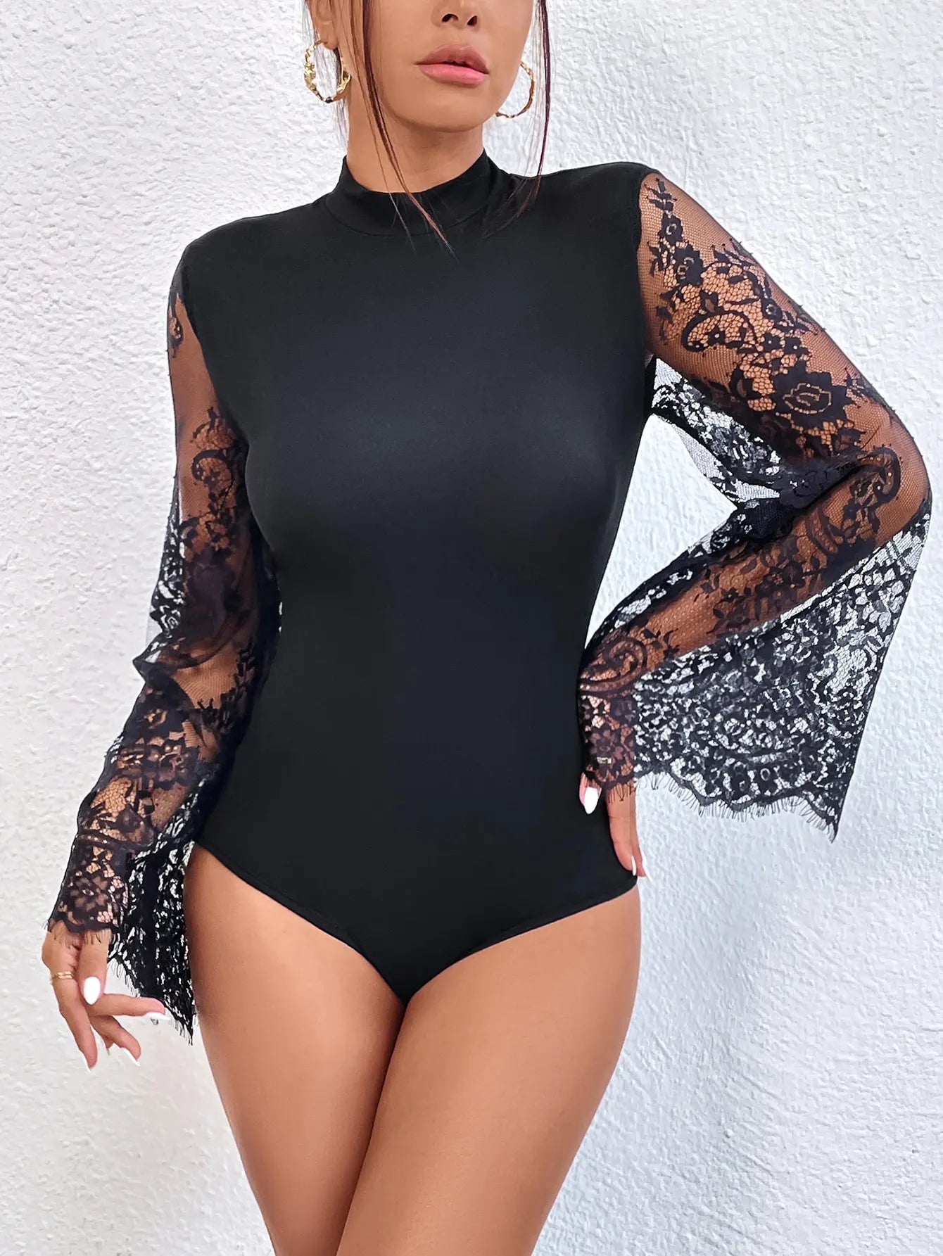 New Summer Cloths Women's Black Lace Patchwork Long Sleeved Flared Sleeve Round Neck Tight Sexy Jumpsuit Rompers