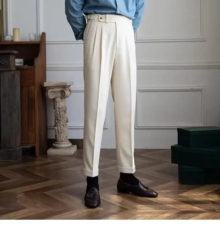 Spring Autumn White Men's Trousers Business Casual Cropped Pants Paris Button Trendy Italian Style