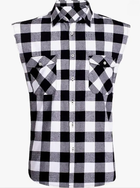 Men's Sleeveless Plaid Front Shirt Beach Cool Tops Baroque Short Sleeve Printed Button Clothing Casual Fashion Blouse