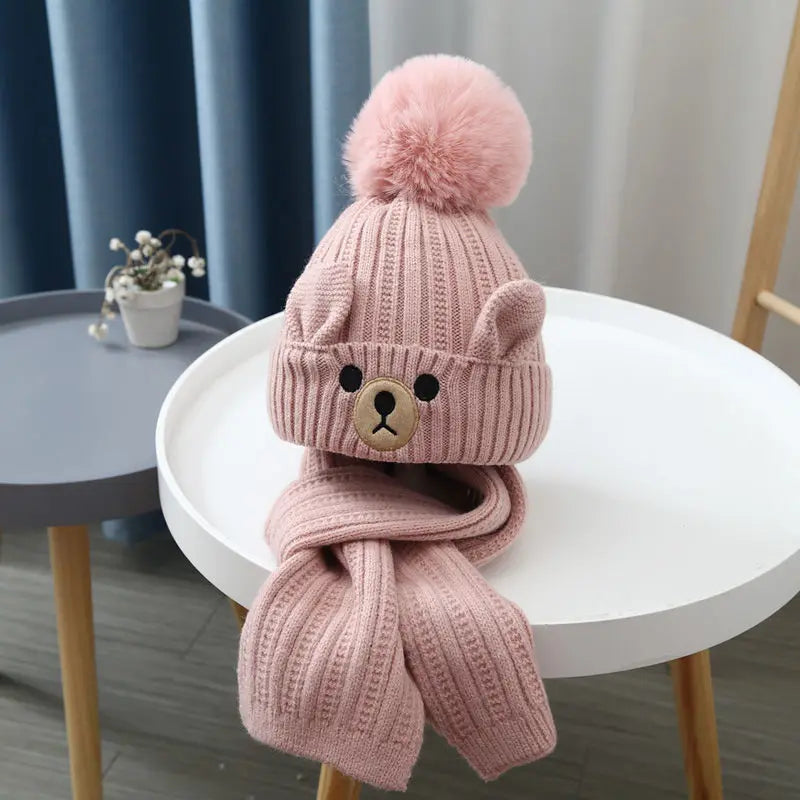 Children Hat and Scarf Set Baby Knitted Hat with Velvet for Warmth Winter Hats for Girl Cute Baby Caps for Boys Шапка Детская