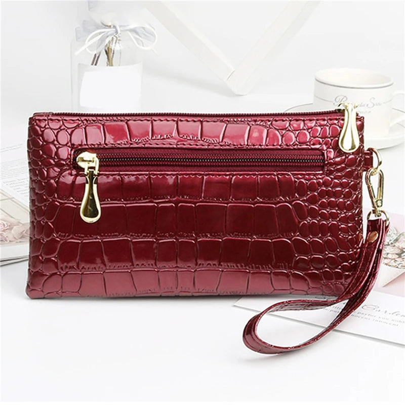 Portefeuilles en cuir verni pour femmes, portefeuille long à double fermeture éclair, pochette design, porte-monnaie rouge, porte-monnaie en crocodile