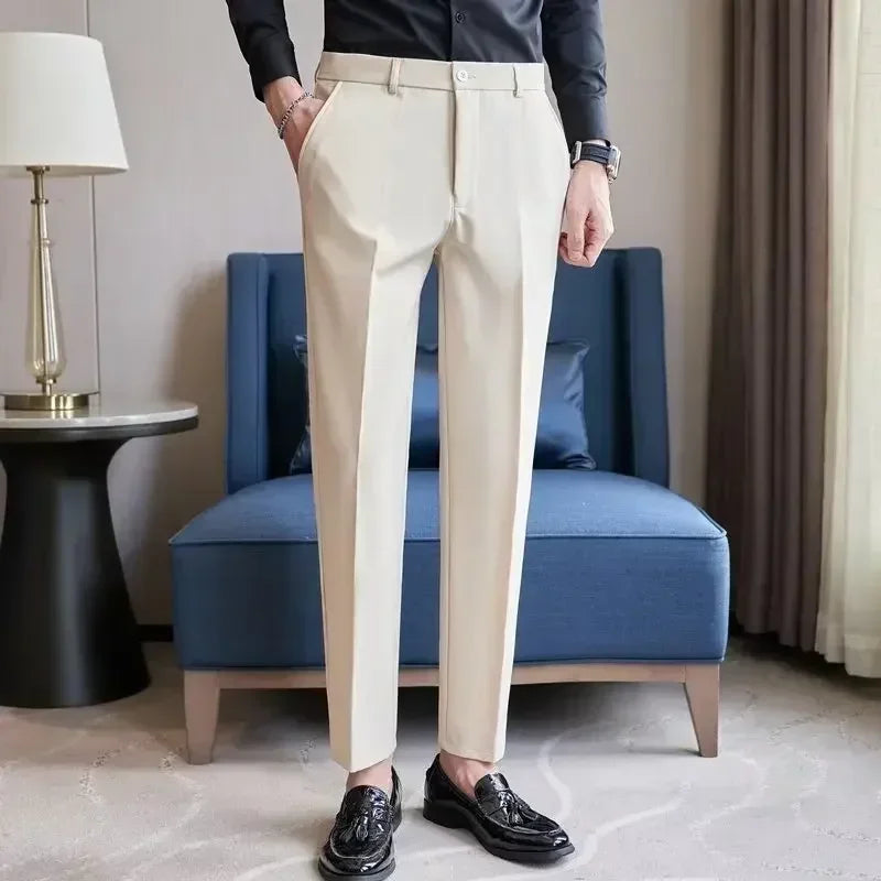 Men's Suit Pants Gray White Black Slim Business Casual Nine-point Pants Straight Plus Size Trousers Office Social Wedding