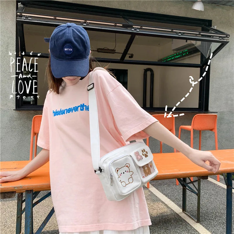 Canvas Small Bag Japanese ins Women Shoulder Bag Cute Funny Personality Embroidery Bear Girl Student Transparent Messenger Bag