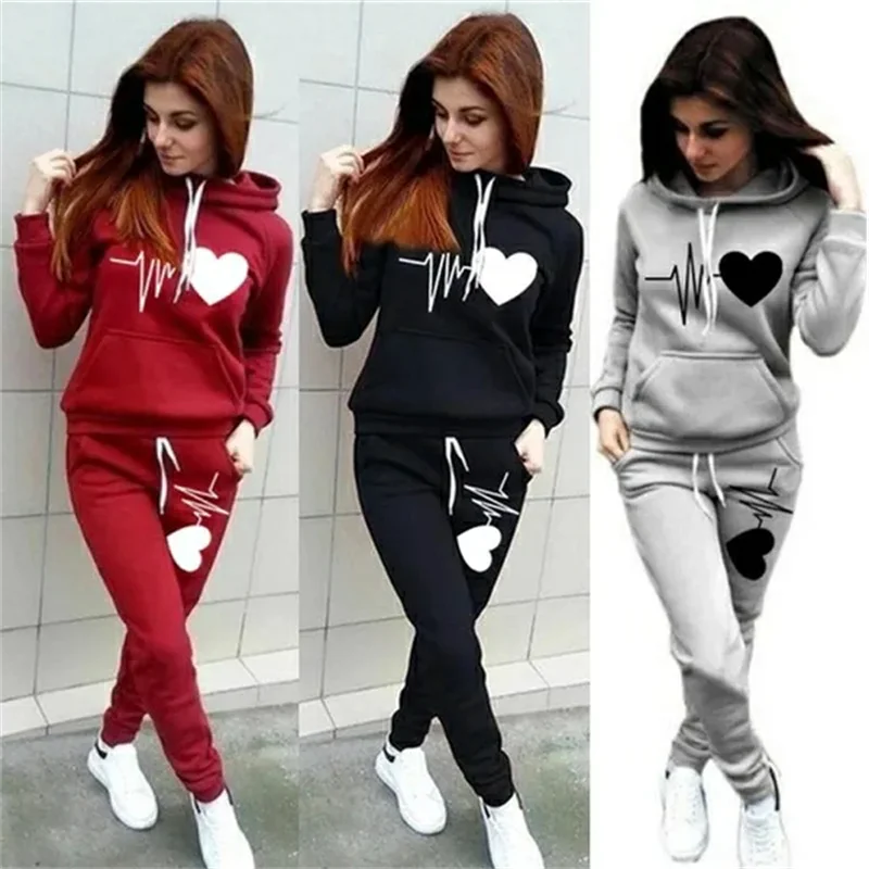 Hot Women's Hooded Pants Love Printed Sportswear Autumn and Winter Two Piece Sweatshirt Sweatpants with Pockets Sweatshirt Set