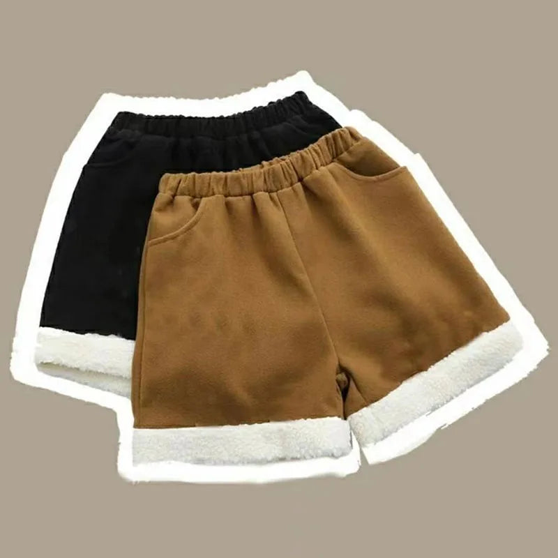 Black White Plush Shorts Womens Slim High Waist Winter Autumn Thick Velvet Pants Aesthetic Elegant Cute Y2k Korean Shorts