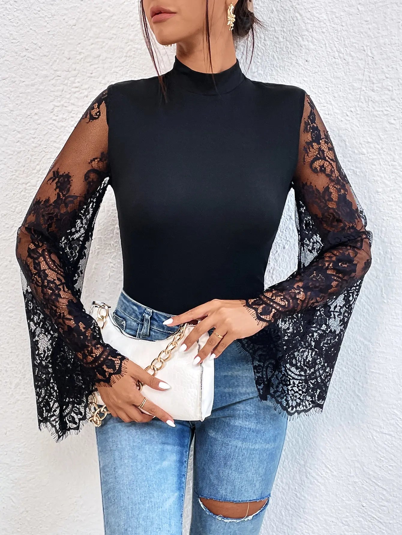 New Summer Cloths Women's Black Lace Patchwork Long Sleeved Flared Sleeve Round Neck Tight Sexy Jumpsuit Rompers