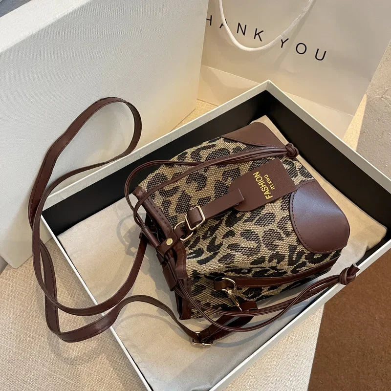 Leopard Small PU Leather Women Bucket Crossbody Bags 2024 Fall Designer Shoulder Bag Luxury Brand Ladies Handbag Lady Trend Tote