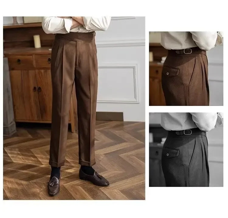 Spring Autumn White Men's Trousers Business Casual Cropped Pants Paris Button Trendy Italian Style