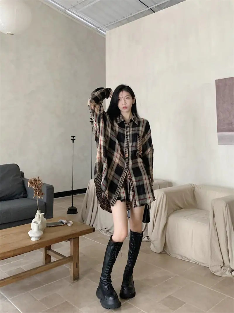 Onalippa Contrast Plaid Two Piece Sets Womens Outfits Turn Down Collar Casual Blouse Korean Chic Waist Belt Mini Pleated Skirts