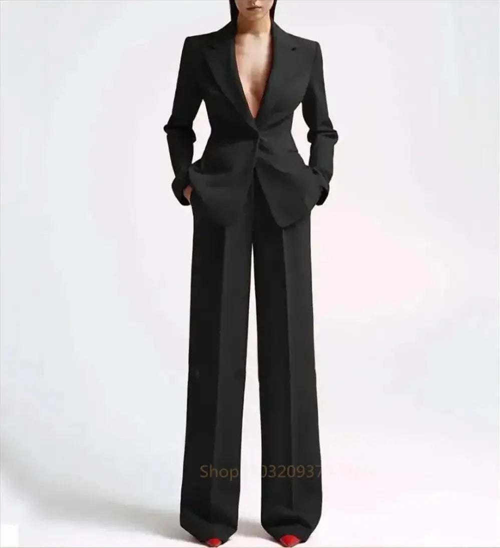 2024 Single Button Blazer+Wide Leg Pants Suit Sets For Women Solid V Neck Loose Casual Female Pantsuit conjunto femininos