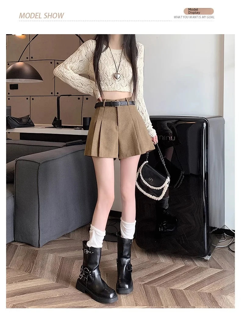 Corduroy Velvet Women Shorts Autumn Winter High Waist Slim Flared Trousers Fashionable Temperament A- crotch Boots