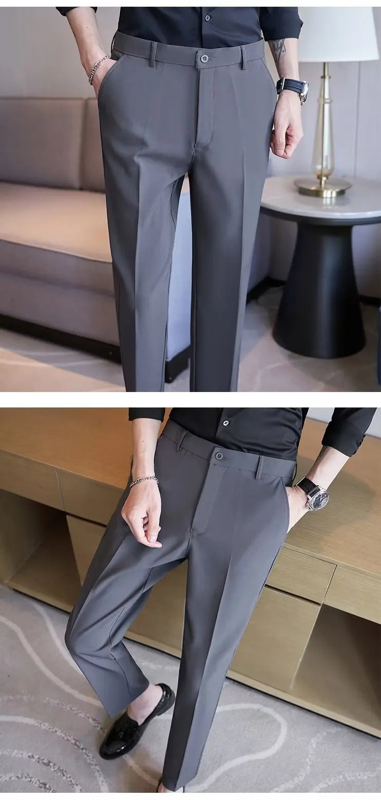 Men's Suit Pants Gray White Black Slim Business Casual Nine-point Pants Straight Plus Size Trousers Office Social Wedding