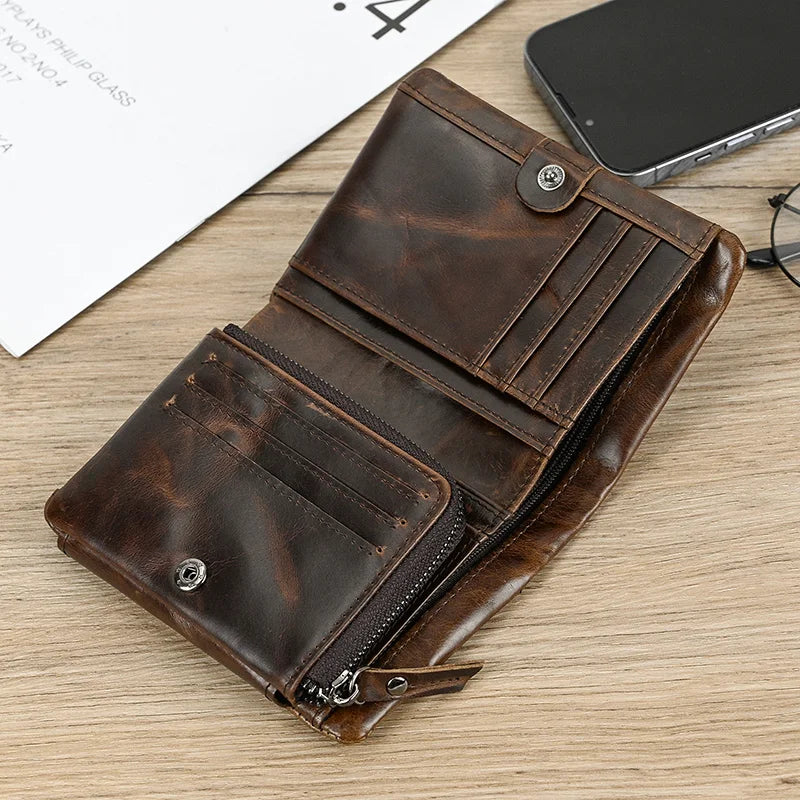 Leather Men‘s Short Wallet Hasp Genuine Leather Unisex Zipper Coin Clutch Purse Cowhide Card Holder Trifold Man wallets