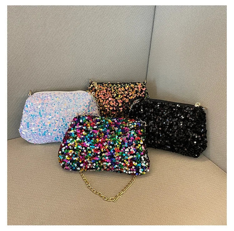 Sequins Crossbody Chain Bag Simple INS Solid Color Sequins Shoulder Bag Underarm Bag Phone Purse Evening Clutch Bags Handbag