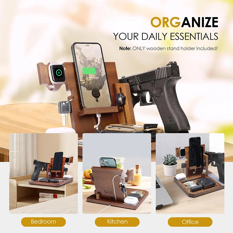 ONETIGRIS Wood Phone Docking Station, Men Gift Nightstand Organizer Desk Organizer Beside Wallet Tray Watch Stand with Gun Rack