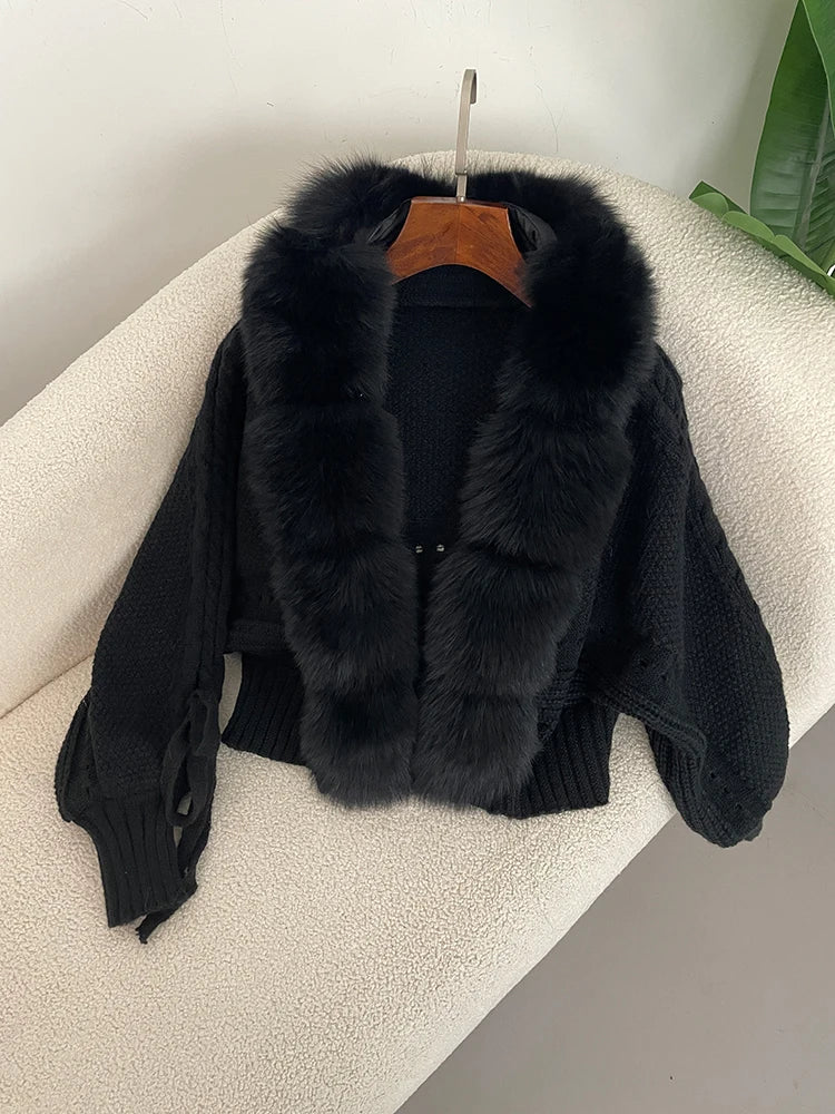 New Knitting Cardigan 2024 Winter Women Knitted Jacket with Natural Fur Placket Coat Casual Real Fox Fur New Fashion Short Warm