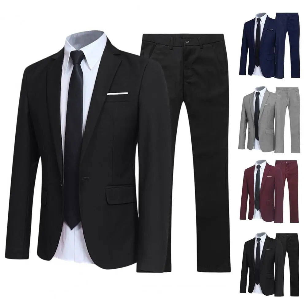 Men's Casual Boutique Business SuitSolid Color Turndown Collar Slim Fit Wedding Groom Suit Coat Blazers Trousers Suit Men's Sets