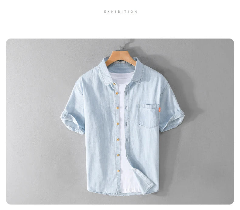 Denim Shirt for Men Summer New Short Sleeve Pure Cotton Shirt