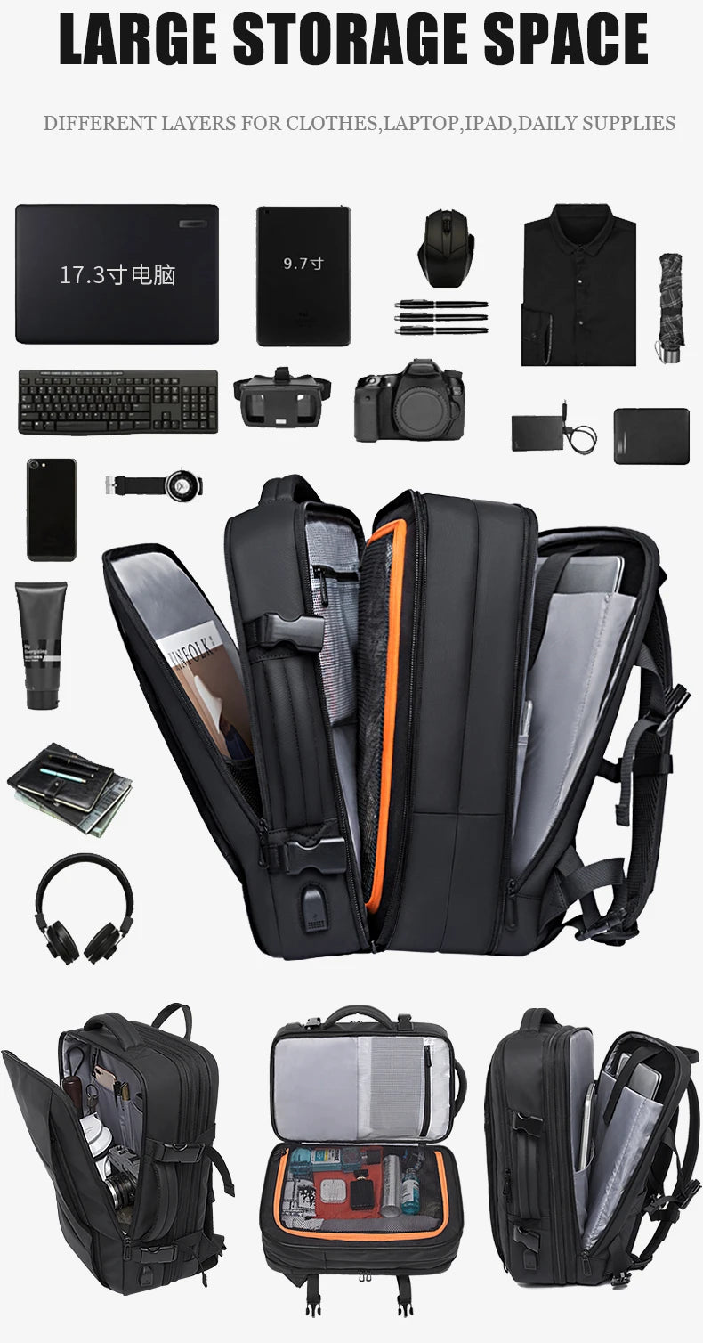 BANGE Travel Backpack Men Business Backpack School Expandable USB Bag Large Capacity 17.3 Laptop Waterproof Fashion Backpack