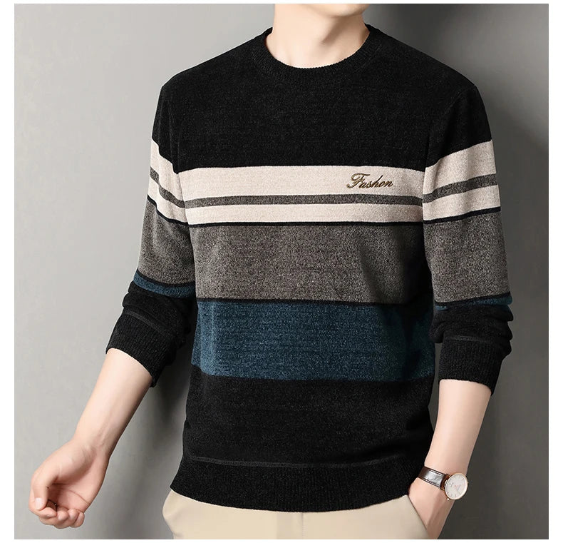 Pull en chenille pour homme, pull en tricot à rayures, haut d'automne et d'hiver, col rond, tricoté