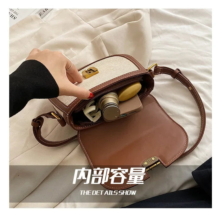 2024 New Small Style Contrast Panel Canvas Retro One Shoulder Crossbody Saddle Bag Handbags