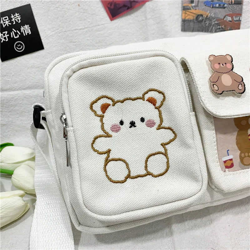 Canvas Small Bag Japanese ins Women Shoulder Bag Cute Funny Personality Embroidery Bear Girl Student Transparent Messenger Bag