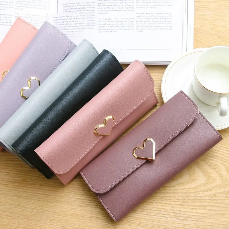 2024 Women Tri-Fold Wallet Metal Heart Pattern Girls Money Pocket Card Holder Luxury Designer Phone Clutch Fashion Card Holder