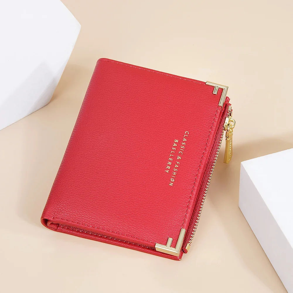 PU Leather Short Wallets for Women Small Card Holder Bag Portable Short Zipper Money Coin Purse Red Off-white Women Mini Wallet