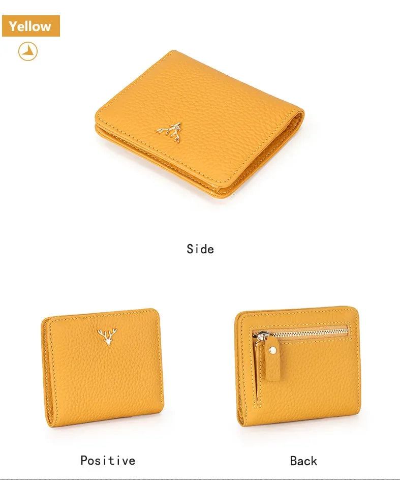 Cowhide Women's Purses Short Thin Small Wallet Chic Christmas Deer Button Ladies Genuine Leather Card Holder Wallet Coin Purse