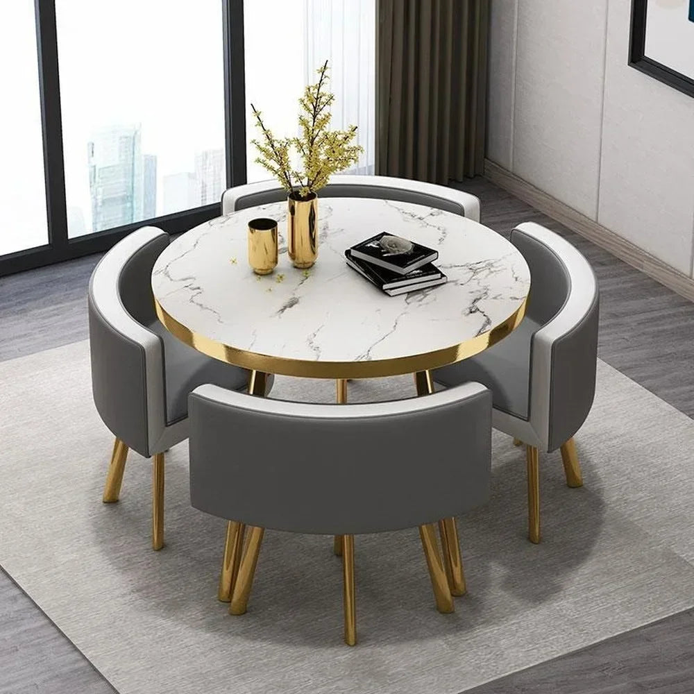 Marble Round 80cm Dining Tables Set 4 Chairs Modern Center Wood Table Luxury White Apartment Furniture