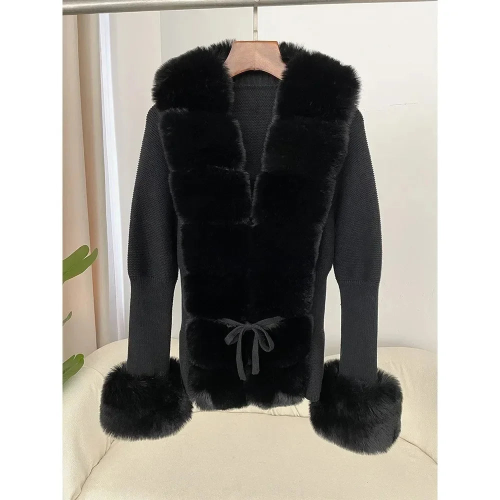 Autumn/Winter 2024 Women's Fur Coat Luxury Patchwork Knitted Sweater Bandage Fur Cardigan Detachable Collar Jacket Faux Fur Coat