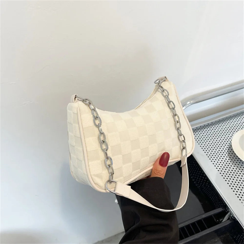 2023 New Fashion Women Handbags Canvas Underarm Chain Bag Casual Small Square Bag Simple Grid Women Shoulder Bags Female Clutch