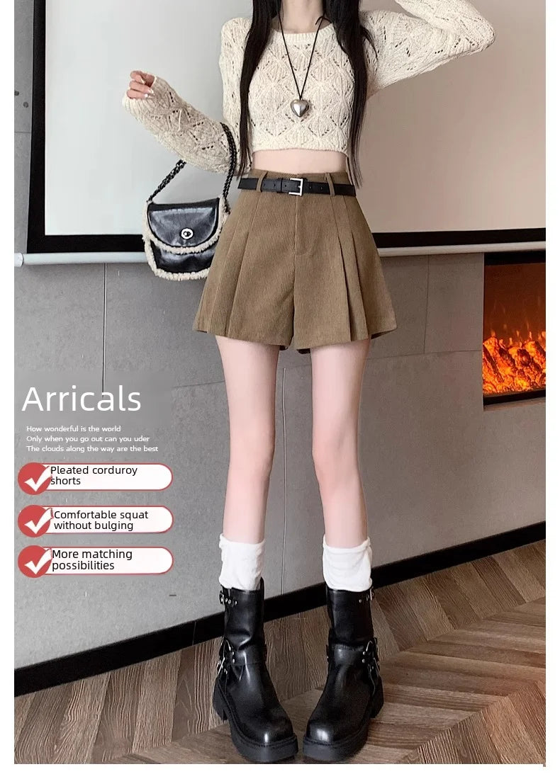 Corduroy Velvet Women Shorts Autumn Winter High Waist Slim Flared Trousers Fashionable Temperament A- crotch Boots