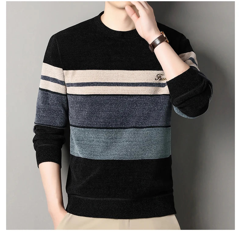 Pull en chenille pour homme, pull en tricot à rayures, haut d'automne et d'hiver, col rond, tricoté