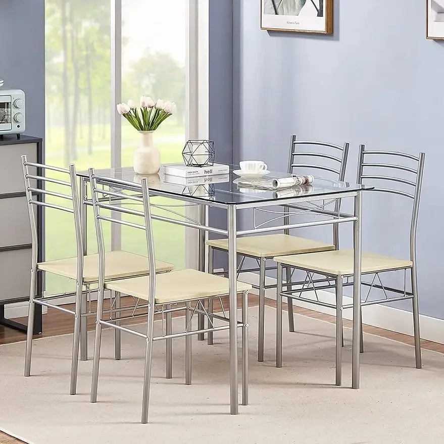 Kitchen Dining Room Sturdy Stable Table and Chairs 4, 5-Piece Dinette Sets, Space Saving (Silver), 43.3",Easy Assembly