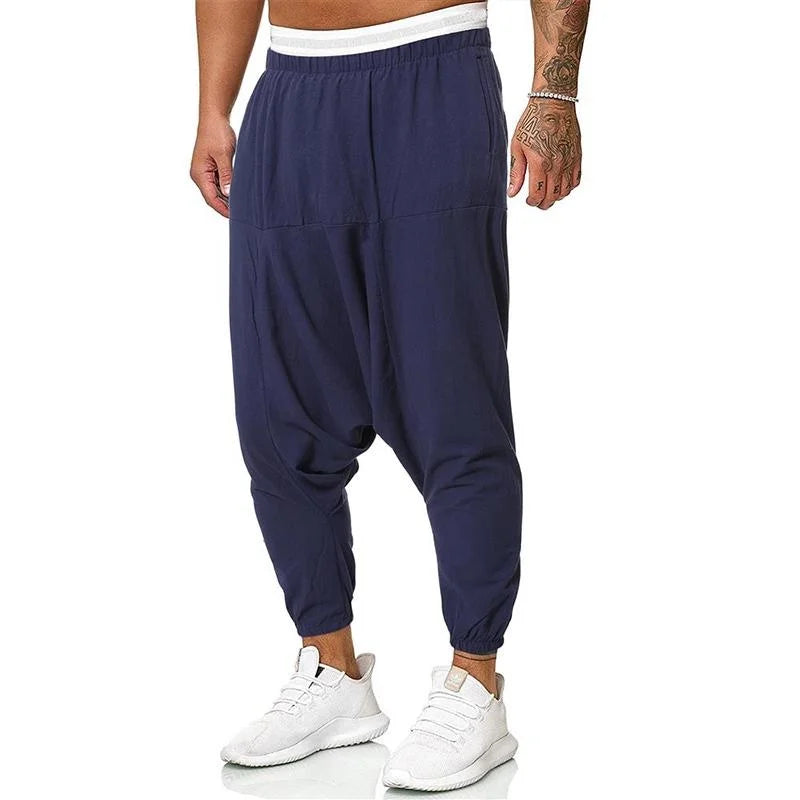 Fashion Cotton Linen Harem Pants Men Solid Elastic Waist Streetwear Joggers Baggy Drop-crotch Pants Casual Trousers Men