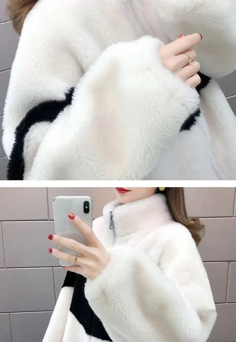 2024 Spring New Women's Thickened Stylish Double-sided Fleece Zipper Jacket Integrated Sweatshirt Long Hair Velvet Hoodies